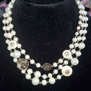 Vintage Anne Klein triple strand pearl with gold signature accents set